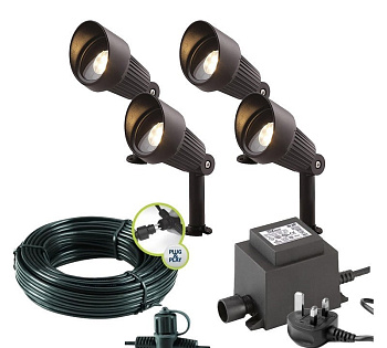 Focus, 4-er Set (3151014) Набор из 4-х светильников, IP44, тип лампы LED MR16 12V AC/DC, мощность 3 Вт, 190 Lumen, ресурс 10к часов. Тип кабеля SPT-1W(2 м). Материал - алюминий.
